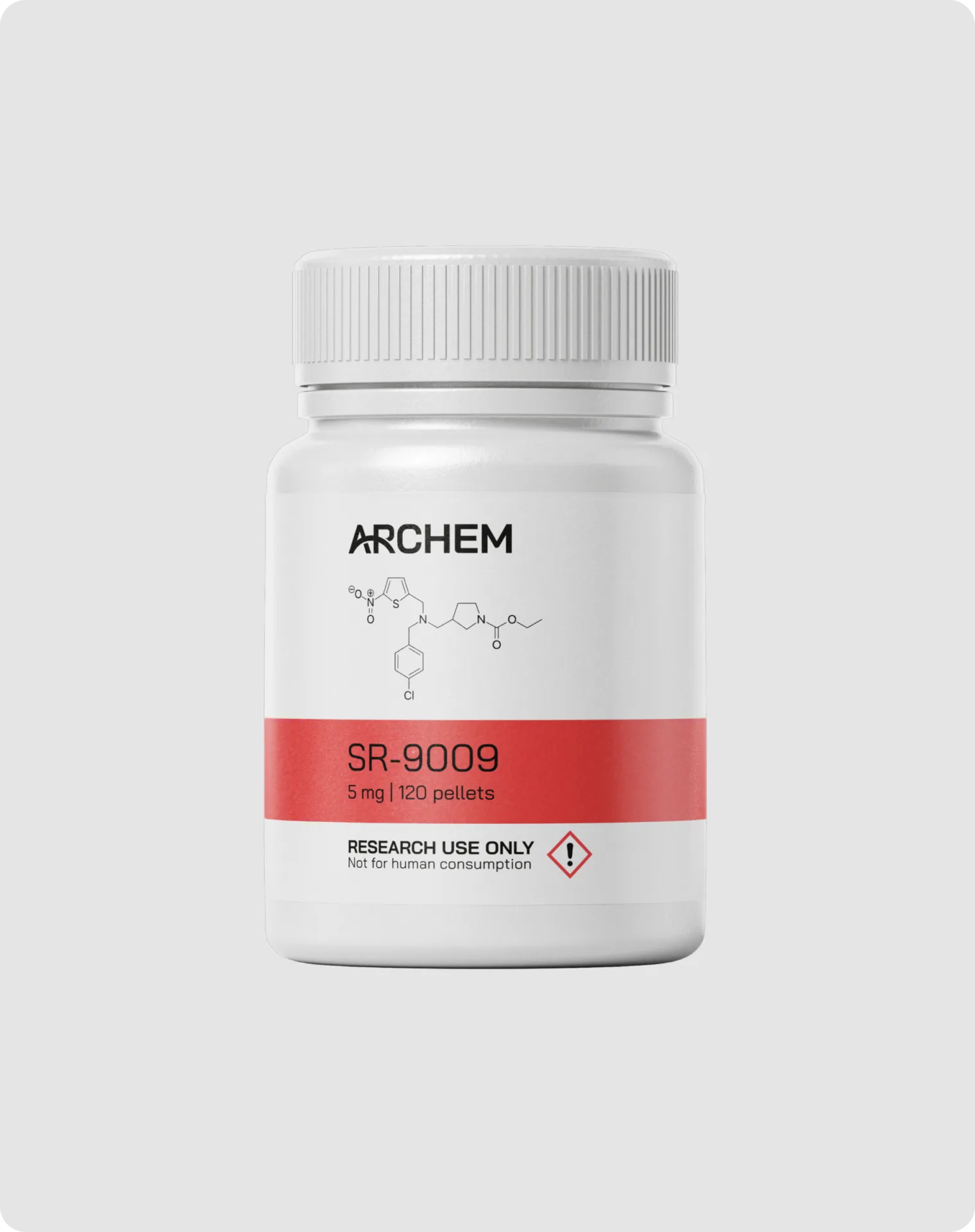 SR-9009 5mg bottle for research; 120 pellets; not for human use; chemical structure depicted.