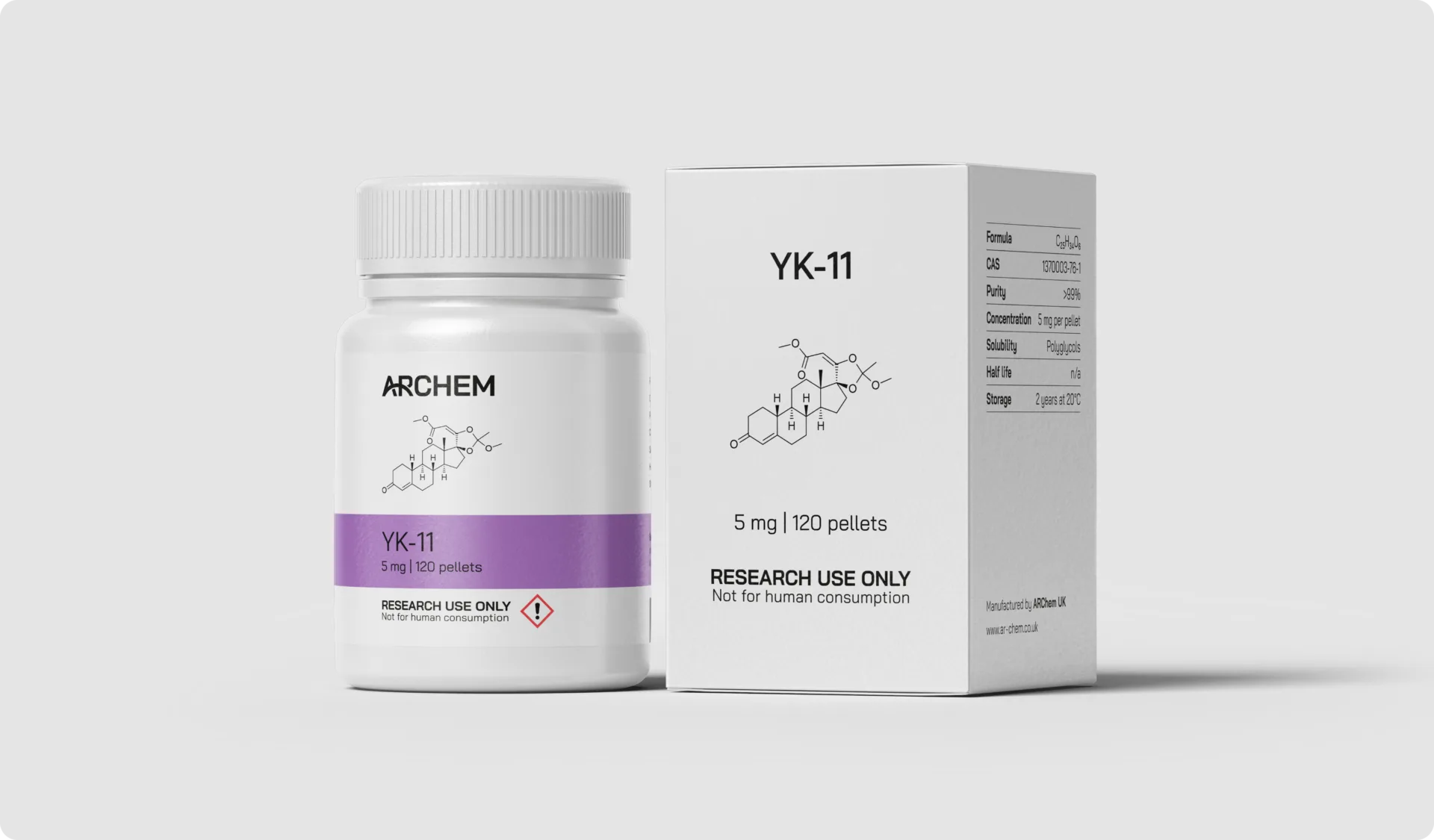 YK-11 supplement packaging, 5 mg, 120 pellets, research use only, molecular formula and hazard symbol visible.