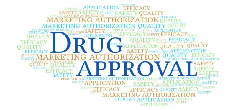 Drug approval word cloud featuring terms like efficacy, safety, quality, and marketing authorization.