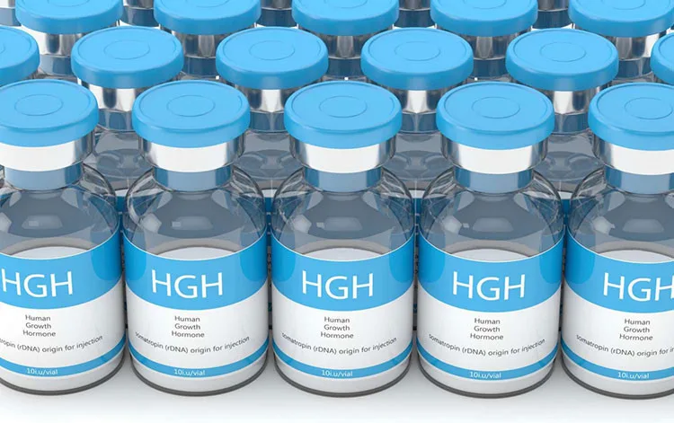 Human growth hormone vials, focus on HGH labeling, potential for therapeutic or performance-enhancing applications.