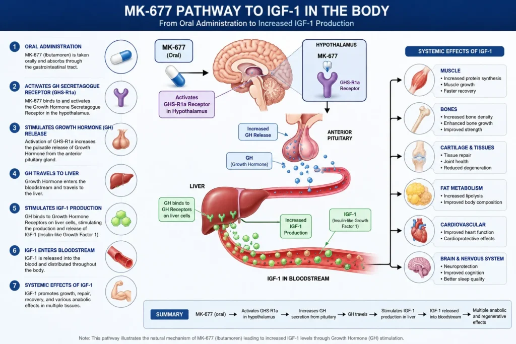 MK-677 pathway boosts IGF-1 via GH release; effects on muscle, bones, metabolism, cardiovascular, and nervous systems.