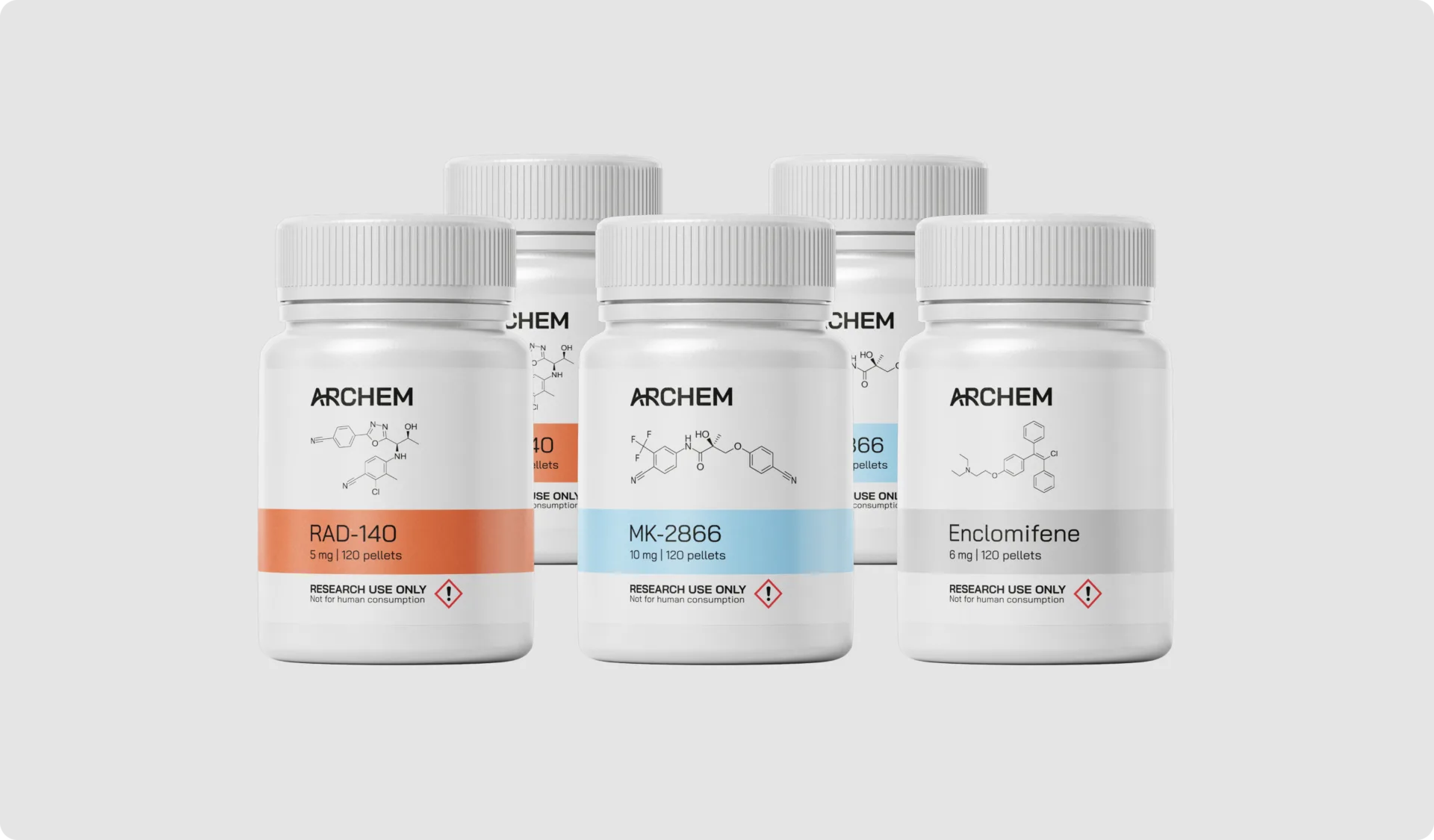 Bottles of research chemicals with labels: RAD-140, MK-2866, Enclomifene for laboratory use only.