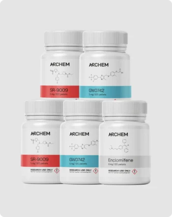 ARchem supplements: SR-9009, GW0742, Enclomifene bottles for research. Not for human consumption.