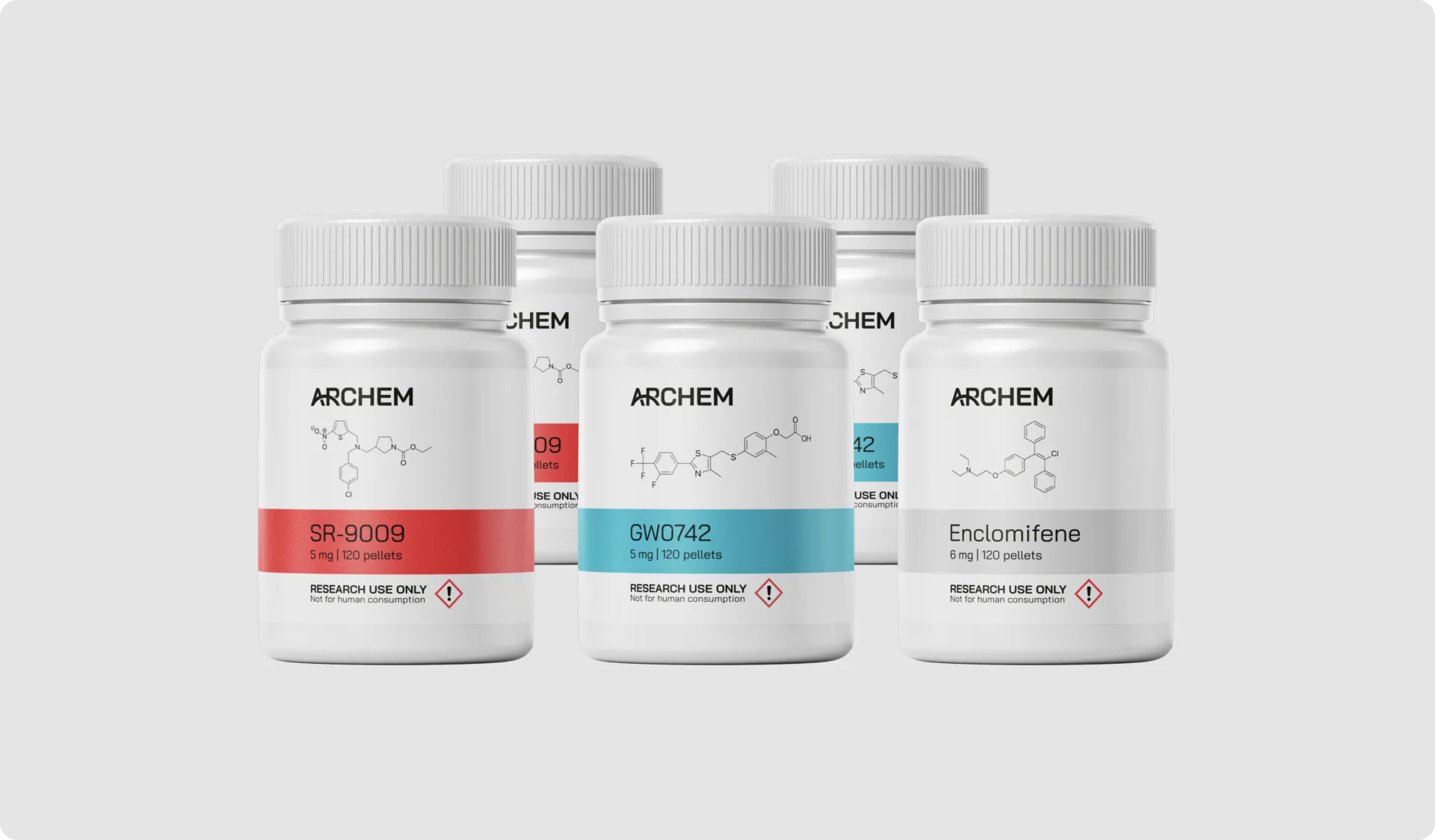 Research chemical bottles labeled SR-9009, GW0742, and Enclomifene for laboratory use.