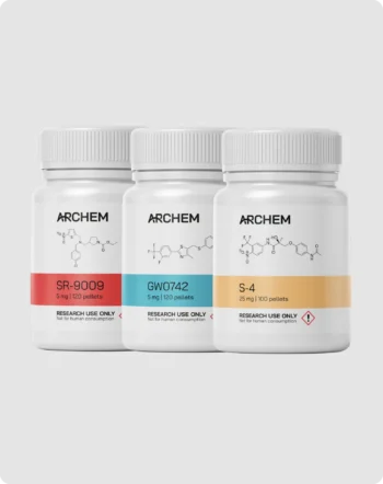 Three bottles labeled SR-9009, GW0742, S-4 for research, with chemical structures on each.