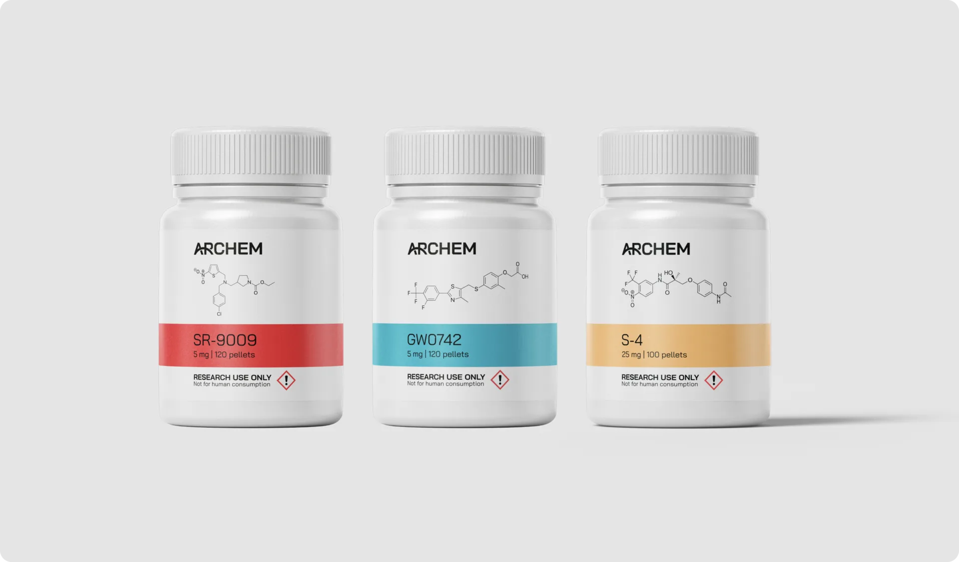 Three research chemicals SR-9009, GW0742, S-4 in labeled bottles highlighting chemical structures.