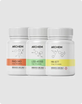 Archem bottles of RAD-140, LGD-4033, MK-677 for research showing chemical structures on labels.