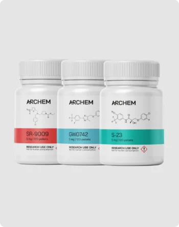 Archem containers displaying chemical labels for SR-9009, GW0742, S-23 used in research, not for human consumption.