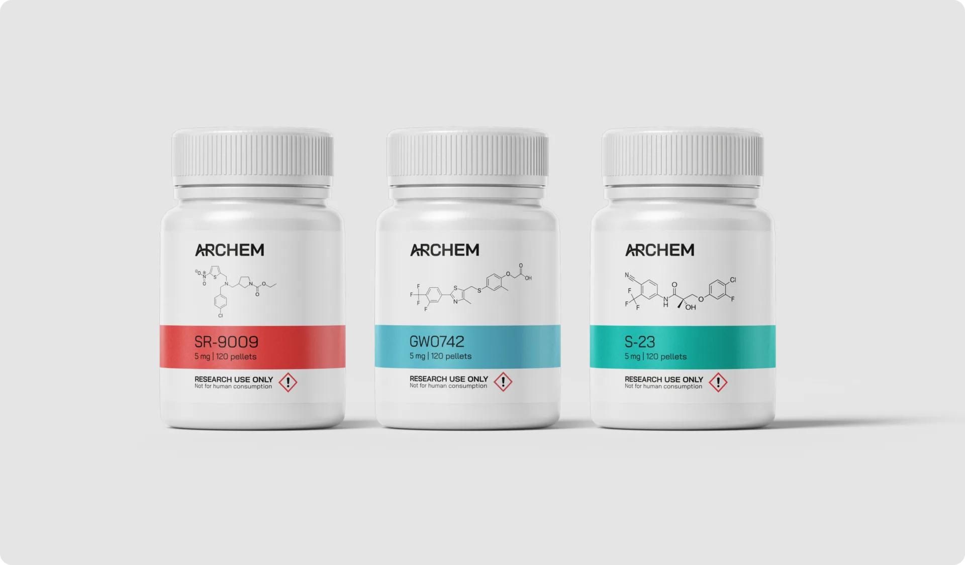 Three research chemical bottles labeled SR-9009, GW0742, and S-23; molecular structures shown.