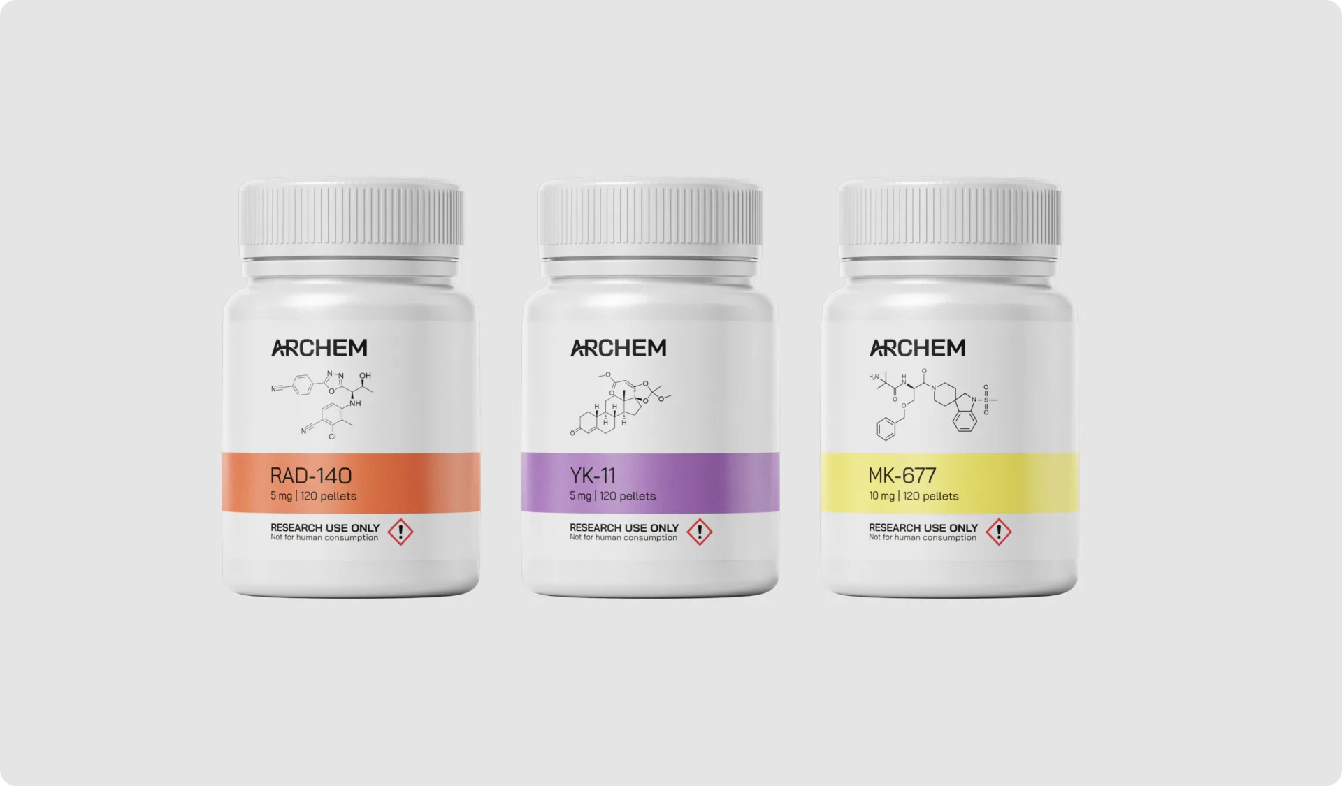 Three chemical supplement bottles labeled RAD-140, YK-11, MK-677, for research use only.