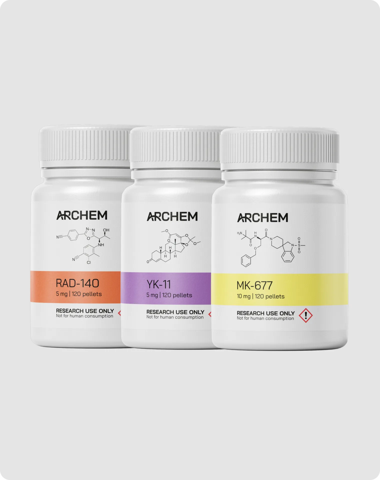 Three bottles labeled RAD-140, YK-11, and MK-677 for research, highlighting chemical structures.