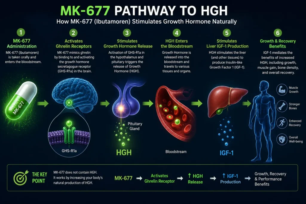 MK-677 pathway to HGH release: stimulates ghrelin receptors, HGH in bloodstream, boosts IGF-1, enhances growth and recovery.