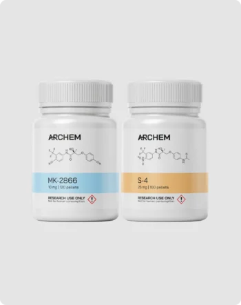 MK-2866 and S-4 containers for research use, chemical structures visible, not for human consumption.