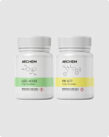 LGD-4033 and MK-677 chemical diagrams on research-only containers.