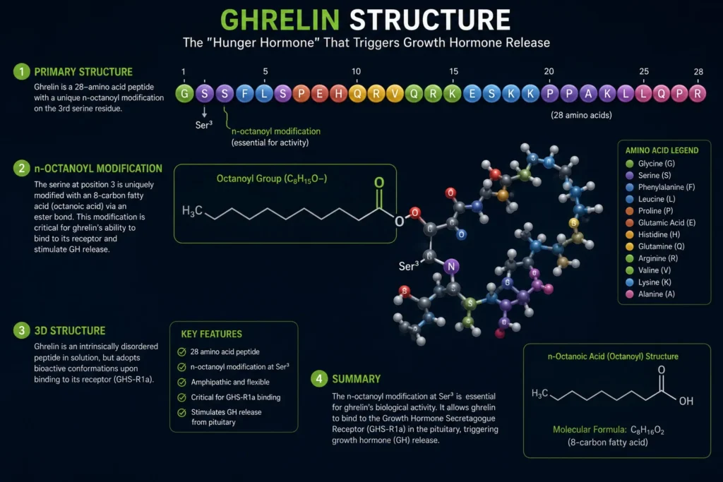 Ghrelin structure showing n-octanoyl modification at Ser3, essential for growth hormone release and receptor binding.