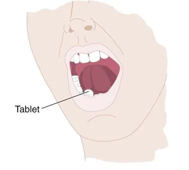 Tablet in human mouth for buccal drug absorption study.