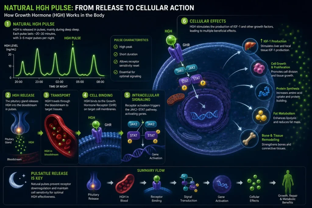 HGH release and action in body; graph shows pulsatile secretion influencing growth, metabolism via JAK2-STAT signaling.
